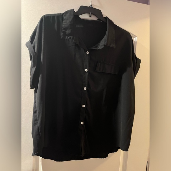 Black button front roll cap sleeve blouse - Picture 1 of 4